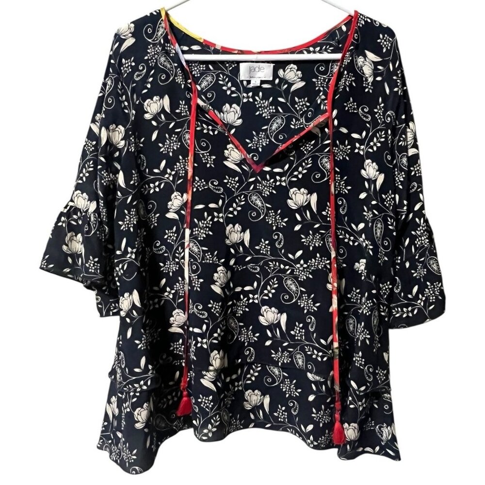 Jade By Johnny Was Susila Silk Tiered Blue White Floral‎ Print Blouse Size Small
